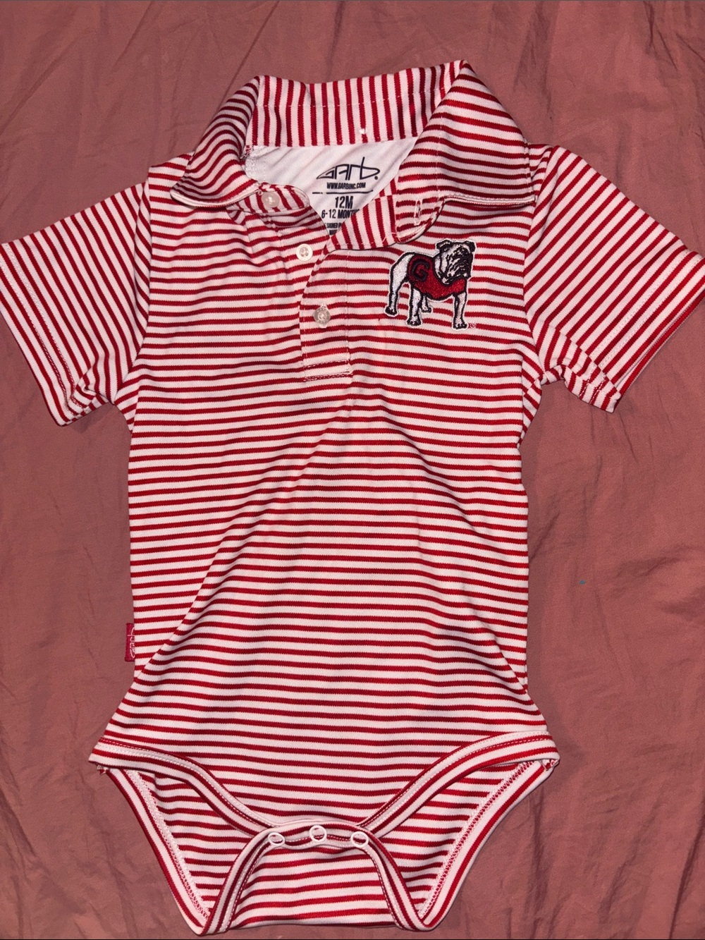 Red & White Striped Polo Bodysuit with Embroidered Bulldog - Kids